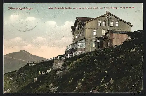 AK Prinz Heinrich-Baude mit Blick auf Schneekoppe im Grünen