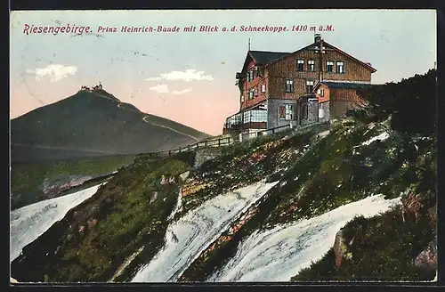 AK Prinz Heinrich-Baude im Riesengebirge, Blick von der Baude zur Schneekoppe