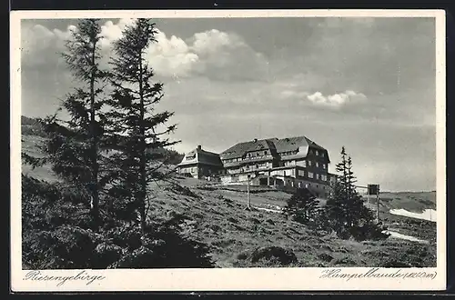AK Hampelbaude im Riesengebirge, Blick von unten auf die Hütte