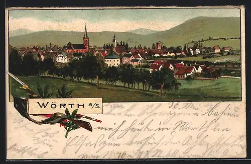 Lithographie Wörth a. S., Ortsansicht aus der Vogelschau