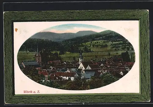 Präge-AK Wörth a. S., Ortsansicht mit Blick ins Land