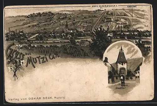 Lithographie Mutzig, Totalansicht mit Feste Kaiser Wilhelm II., Kaserne & Stadttor