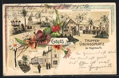 Lithographie Hagenau i /E., Wachtlokal u. Post, Pavillon, Baracken