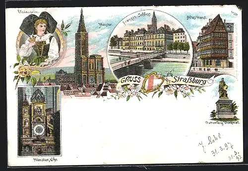 Lithographie Strassburg, Altes Haus, Französ. Schloss, Gutenberg-Denkmal