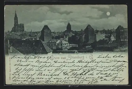 Mondschein-AK Strassburg i. E., Blick über die Stadt zum Münster