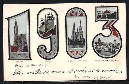AK Strassburg, Münster, bei den gedeckten Brücken, Broglieplatz, Jahreszahl 1903