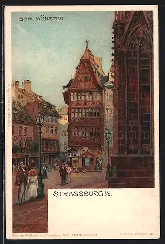 Künstler-AK Strassburg, Beim Münster, Häuserfassaden und Bewohner