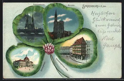 Passepartout-Lithographie Strassburg i. E., Garnisonkirche bei Vollmond, Münster und Kaiserpalast im Kleeblatt
