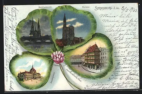 Passepartout-Lithographie Strassburg i. E., Garnisonkirche bei Vollmond, Münster und Kaiserpalast im Kleeblatt