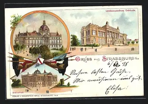 Lithographie Strassburg, Landesausschuss Gebäude, Kaiser-Palast, Bibliothek
