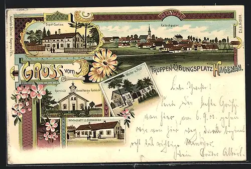 Lithographie Hagenau, Truppen-Übungsplatz, Gasthaus zum Schwanen, Depot-Kantine, Garnison Verwaltungs-Gebäude