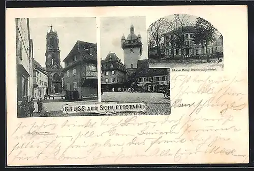 AK Schlettstadt, Gasthaus Schützenburg, Torturm, Kirche