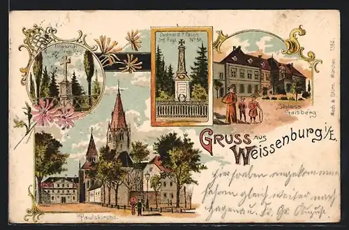 Lithographie Weissenburg, Schloss Gaisberg, Paulskirche, Denkmal Königs-Gren. Regt. No. 7