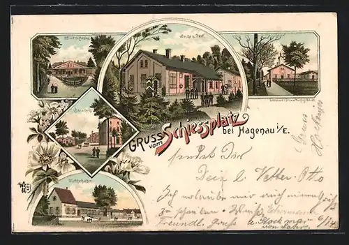 Lithographie Hagenau, Schiessplatz, Wache u. Post, Garnison-Verwaltungsgebäude