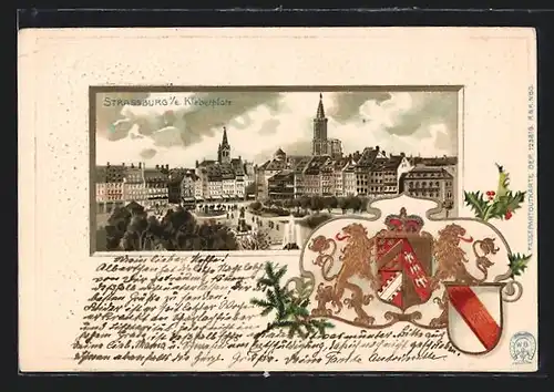 AK Strassburg, Kleberplatz mit Stadtpanorama, Wappen