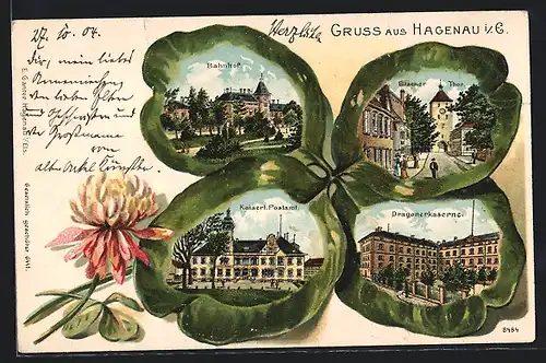 Lithographie Hagenau i. E., Bahnhof, Dragonerkaserne, Bitscher Thor