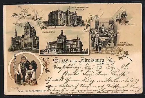 Lithographie Strassburg, St. Thomas-Kirche, Kaiserliches Palais