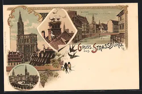 Lithographie Strassburg, Zix-Platz u. Zionskirche, Kleberplatz