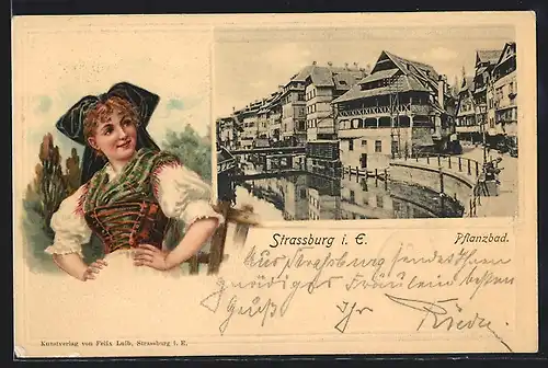 Präge-AK Strassburg, Am Pflanzbad, Elsässerin in Tracht