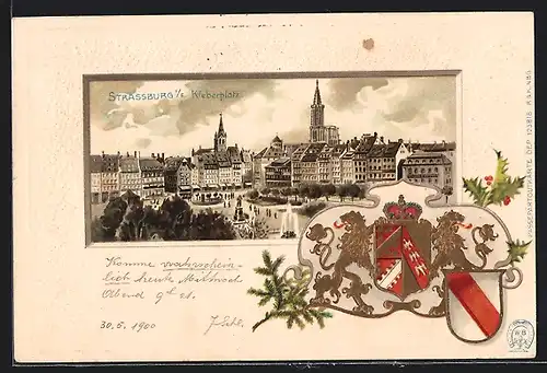 AK Strassburg, Kleberplatz mit Stadtpanorama, Wappen