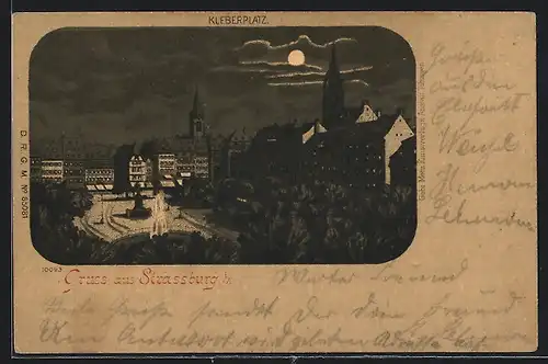 Mondschein-Lithographie Strassburg, Kleberplatz bei mondheller Nacht