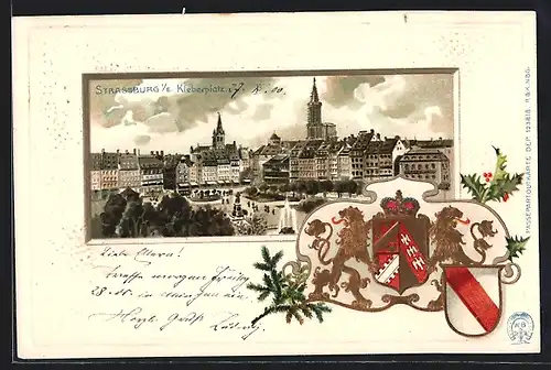 AK Strassburg, Kleberplatz mit Stadtpanorama, Wappen