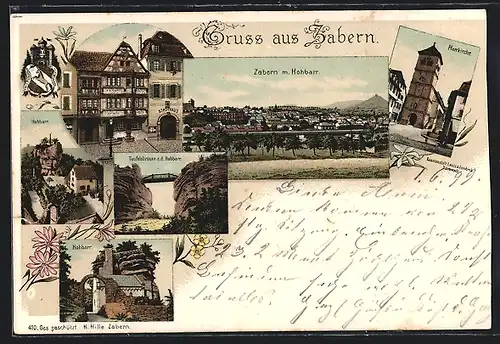 Lithographie Zabern, Pfarrkirche, Stadthaus, Hohbarr