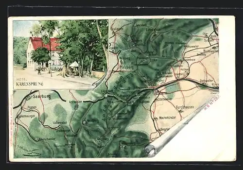 Lithographie Zabern, Hotel Karlssprung, Landkarte der Region um den Ort