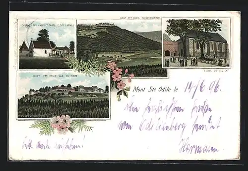 Lithographie Mont Ste. Odile, Eglise du Couvent, Chapelle des Anges et Chapelle des Larmes