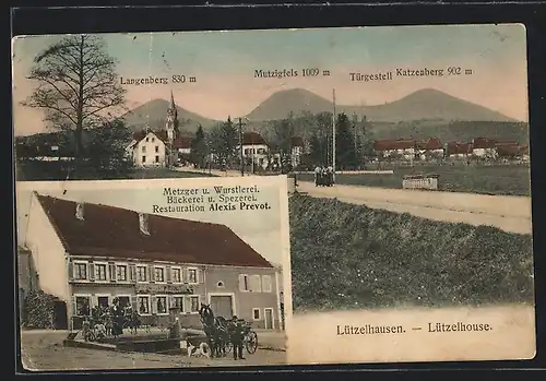 AK Lützelhausen, Restaurant und Metzgerei Alexis Prevot, Ortsansicht gegen Langenberg und Mutzigfels