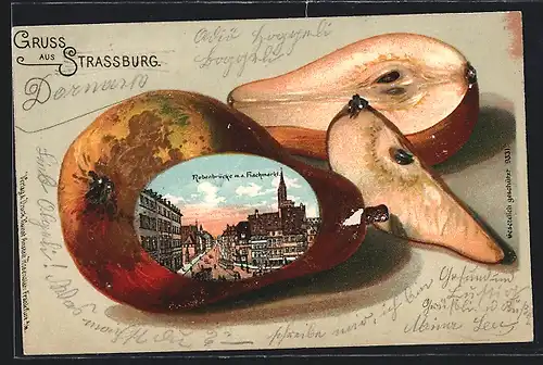 Passepartout-Lithographie Strassburg, Rabenbrücke mit dem Fischmarkt, Ansicht auf Birne