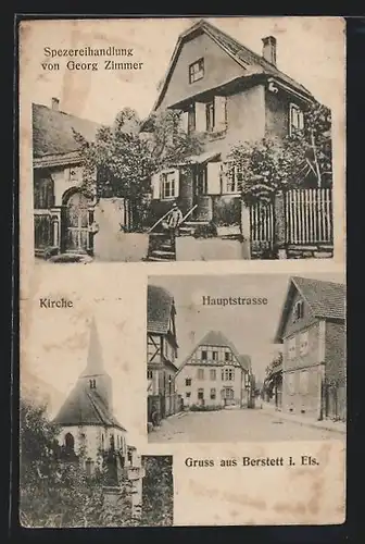 AK Berstett i. Els., Spezereihandlung von Georg Zimmer, Hauptstrasse, Kirche