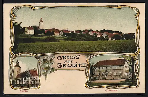 AK Gröditz / Weissenberg, Kirche, Pfarrhaus, Ortsansicht