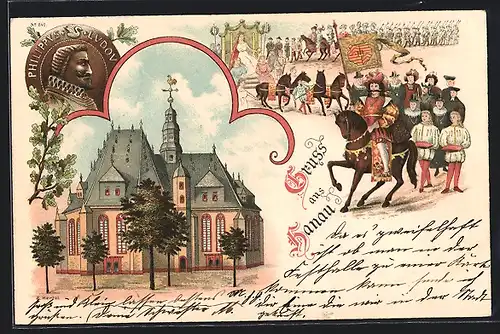 Lithographie Hanau, Historischer Festzug, Kirche, Münze mit Inschrift Philippus Ludovici