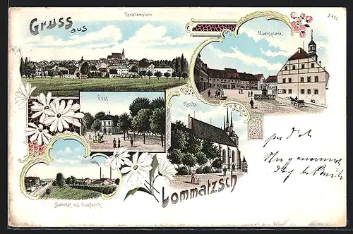 Lithographie Lommatzsch, Bahnhof mit Glasfabrik, Marktplatz mit Denkmal, Post, Kirche