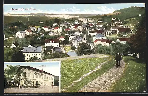 AK Neundorf / Pirna, Gesamtansicht, Gasthaus