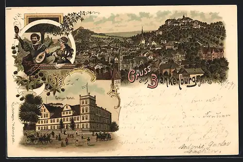 Lithographie Bad Blankenburg a. Harz, Gebirgs-Hotel, Ortsansicht