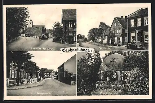 AK Gebhardshagen, Kirche, Hauptstrasse, Dorfstrasse, Kriegerdenkmal