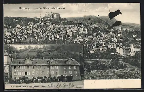 AK Marburg, Hotel Hessischer Hof, Bes. Conr. Ebert, Ortsansicht von der Weintrautseiche