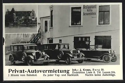 AK Bremen-Burg, Privat-Autovermietung Jos. Kraus, Restaurant Villa Lesumblick