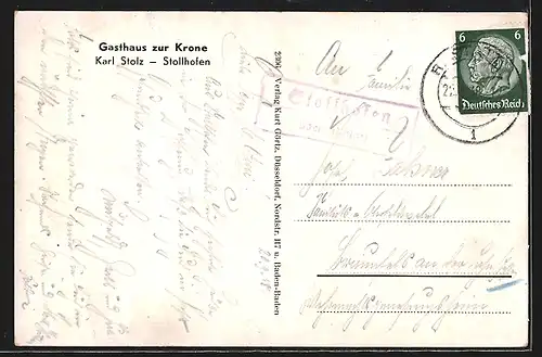 AK Stollhofen, Gasthaus zur Krone v. Karl Stolz, Rheindampfer, Ortsansicht