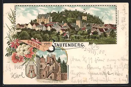 Lithographie Staufenberg / Lollar, Ort & Burg, Aussichtsturm in der Ruine