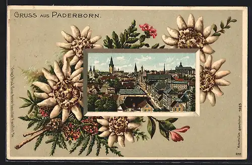 Passepartout-Lithographie Diessen / Ammersee, Ortsansicht mit Eichenblättern und Blumen