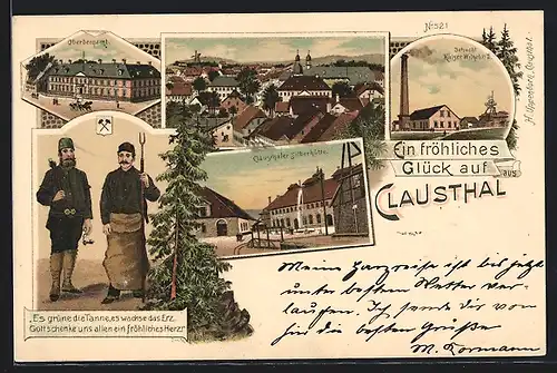 Lithographie Clausthal, Glück auf, Gruss vom Bergfest, Schacht Kaiser Wilhelm II., Silberhütte, Oberbergamt