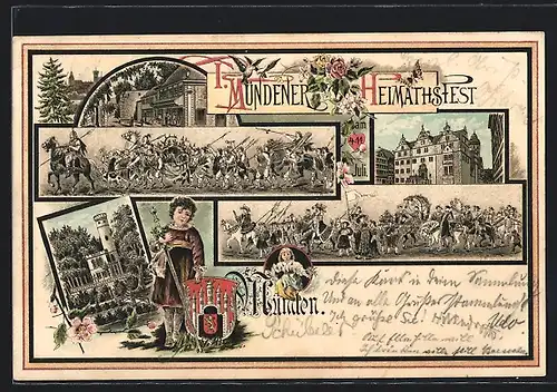 Lithographie Hann Münden, Volksfest Mündener Heimathfest, Festumzug, Wappen