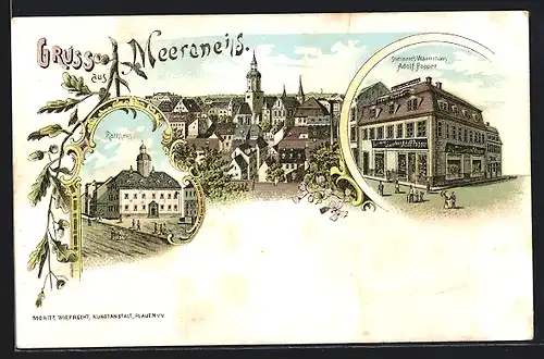 Lithographie Meerane i. S., Sortiment`s Warenhaus v. Adolf Popper, Rathaus