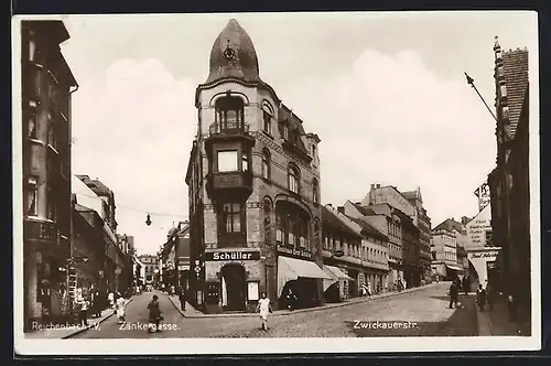 AK Reichenbach i. V., Strasseneck Zänkergasse und Zwickauerstrasse mit Modehaus Erich Schüller