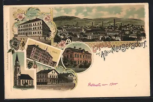 Lithographie Alt-Neugersdorf, Gesamtansicht, Schule, Kirche, Bahnhof, Kinderheim