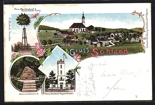 Lithographie Sohland a. Spree, Prinz Friedrich-August-Turm, Bismarckdenkmal, Prinz Albertdenkmal & Kaiser Wilhelm-Eiche