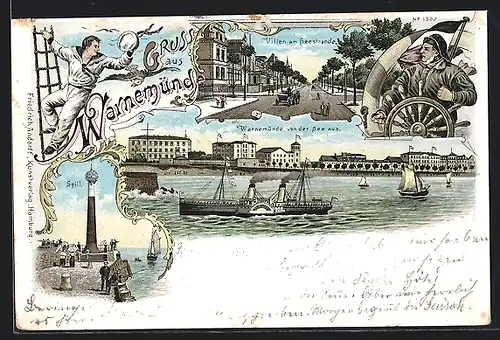 Lithographie Warnemünde, Ville am Steestrande, Dampfer mit Ortsansicht, Spill